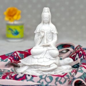 Kuan Yin Sitting on a Sea Turtle, White bonded marble