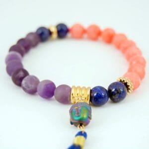 Matte Amethyst, Coral, Buddha Charm Bracelet