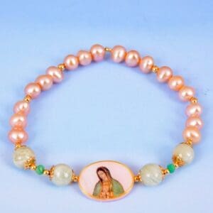 Virgin of Guadalupe Bracelet w pearl. aquamarine, emerald